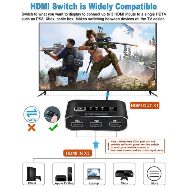 Q8Q3-2 8K 3 In 1 Out HDMI 2.1 Video Switcher 4K 120Hz HDMI Switch, Q8Q3-2