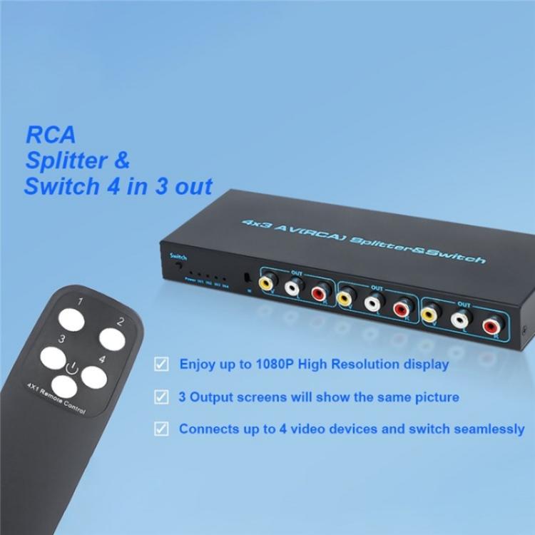 RCA 4 In 3 Out AV Audio Video Signal Composite Switcher AV Switch Splitter Box, US Plug, EU Plug