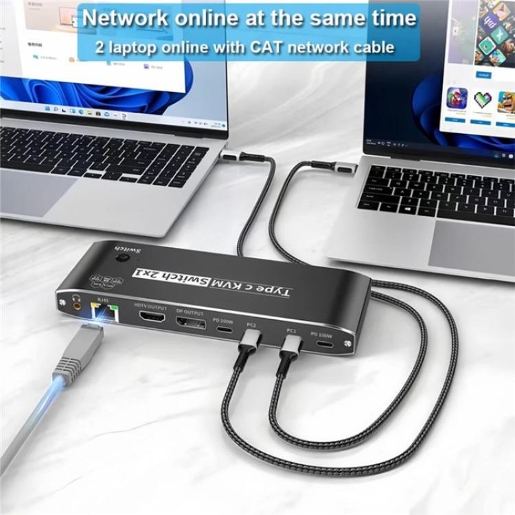 Switch KVM 2 in 1 con 7 porte USB 2.0 e porta Ethernet RJ45