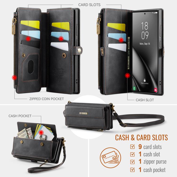 Custodia per telefono CaseMe C39 con cerniera, portafoglio in pelle e tracolla, con protezione RFID e chiusura a zip., For Samsung Galaxy S24 Ultra 5G, For Samsung Galaxy A15, For Samsung Galaxy S23 FE 5G, For Samsung Galaxy A54 5G