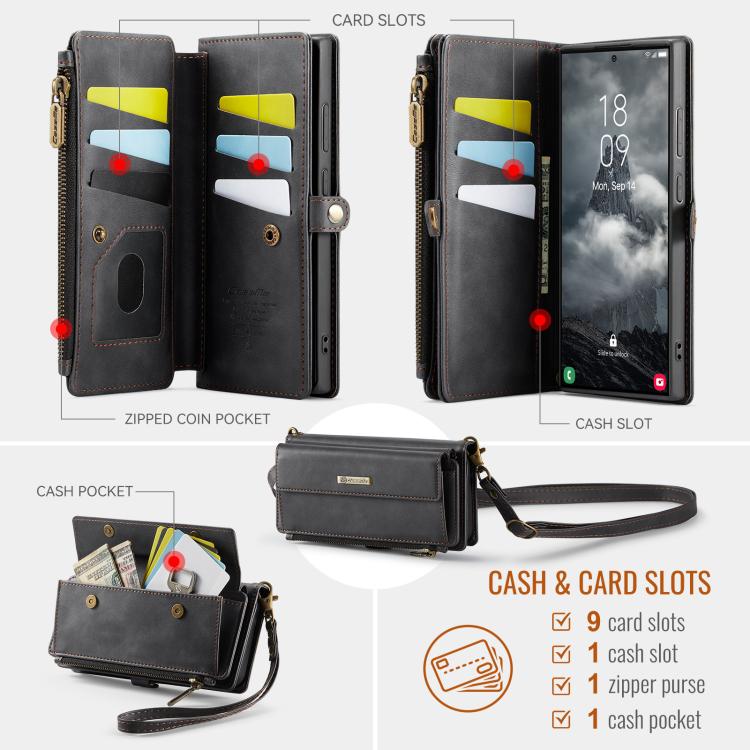 Custodia per telefono CaseMe C39 con cerniera, portafoglio in pelle e tracolla, con protezione RFID e chiusura a zip., For Samsung Galaxy S23 Ultra 5G, For Samsung Galaxy S23+ 5G, For Samsung Galaxy S23 5G, For Samsung Galaxy S22+ 5G