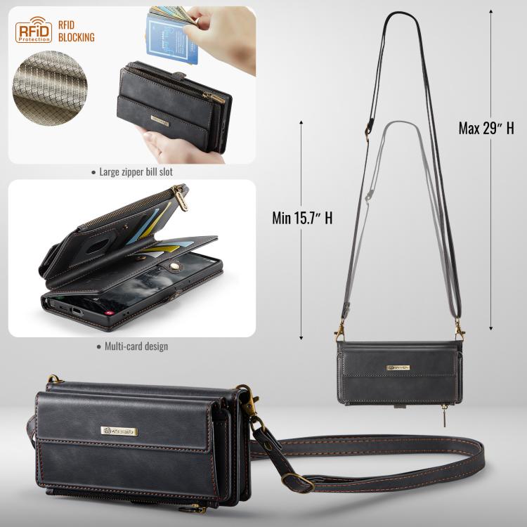 Custodia per telefono CaseMe C39 con cerniera, portafoglio in pelle e tracolla, con protezione RFID e chiusura a zip., For Samsung Galaxy S23 Ultra 5G, For Samsung Galaxy S23+ 5G, For Samsung Galaxy S23 5G, For Samsung Galaxy S22+ 5G