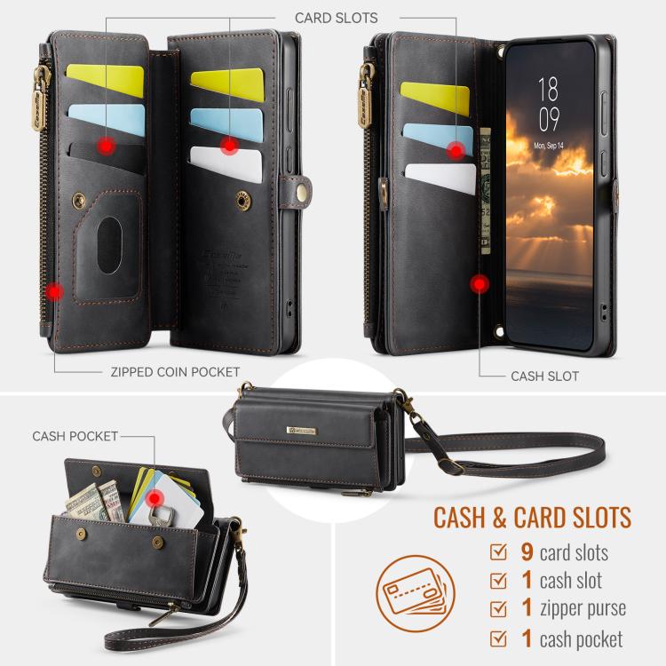 Custodia per telefono CaseMe C39 con cerniera, portafoglio in pelle e tracolla, con protezione RFID e chiusura a zip., For Samsung Galaxy S22 5G, For Samsung Galaxy S21 FE 5G, For Samsung Galaxy A52, For Samsung Galaxy A53
