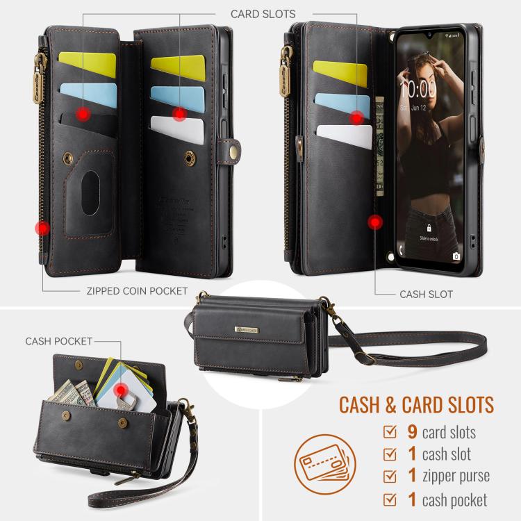Custodia per telefono CaseMe C39 con cerniera, portafoglio in pelle e tracolla, con protezione RFID e chiusura a zip., For Samsung Galaxy A16 4G, For Samsung Galaxy S25 Ultra 5G, For Samsung Galaxy S24 FE 5G, For Samsung Galaxy A55 5G