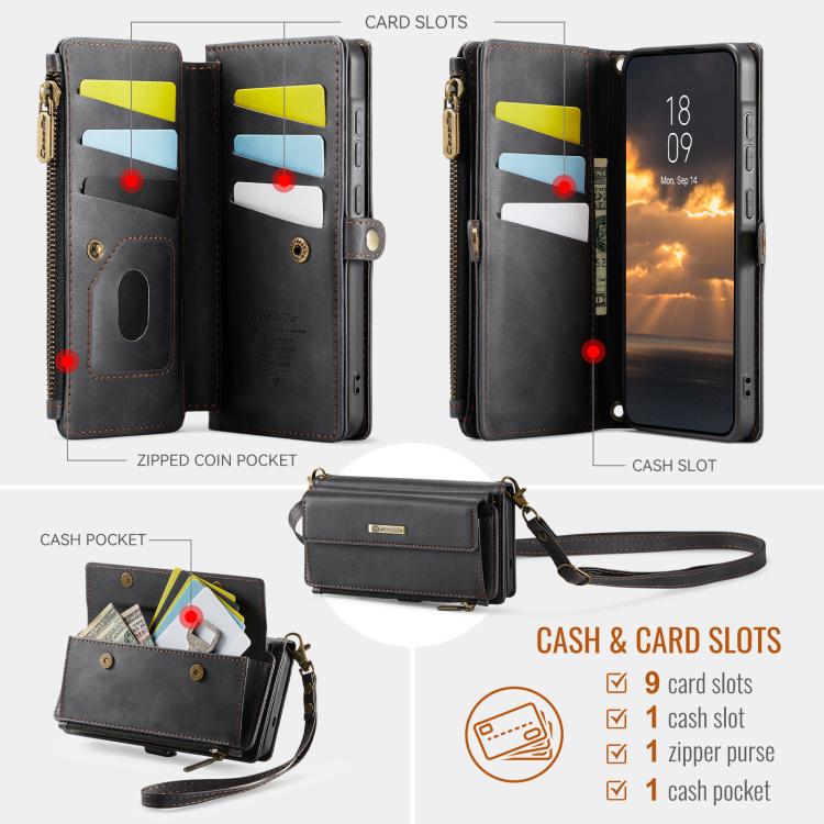 Custodia per telefono CaseMe C39 con cerniera, portafoglio in pelle e tracolla, con protezione RFID e chiusura a zip., For Samsung Galaxy A57 5G, For Samsung Galaxy S25 FE 5G, For Samsung Galaxy S25 Edge 5G, For Samsung Galaxy A56 5G