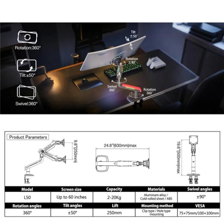 Supporto monitor curvo ultrawide 32-60 pollici con RGB L50