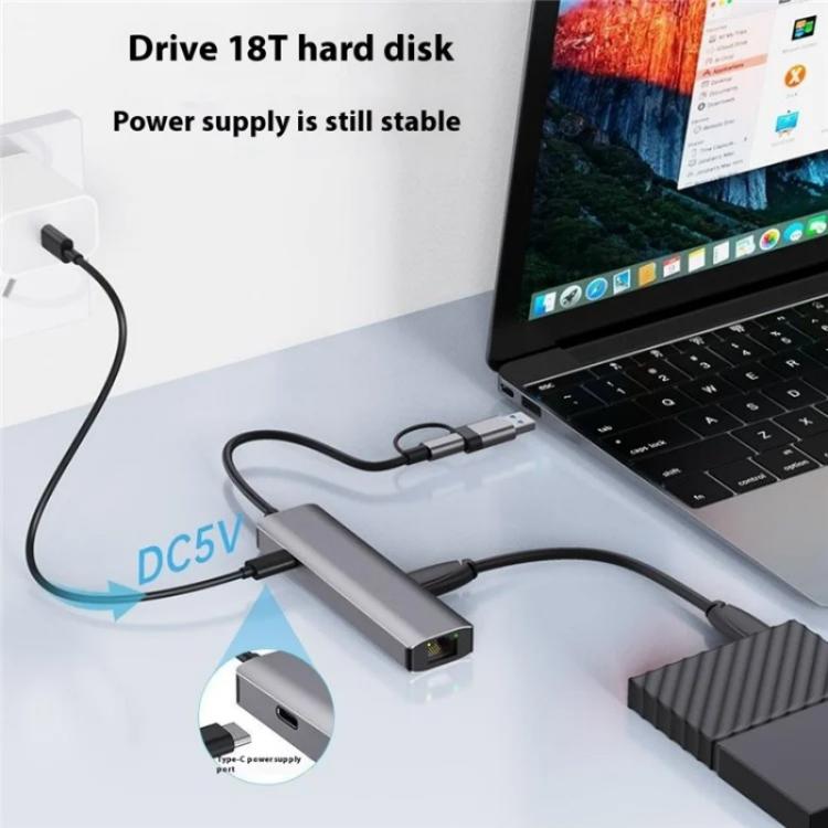 2503 Gigabit RJ45, 2 x USB3.2, USB-C2.0, USB-C3.2, DC5V 6 in 1 Docking Station USB / Type-C Hub, 2503