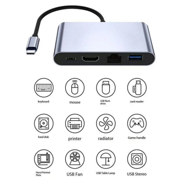Adattatore Type-C HUB con RJ45, USB 3.0 e uscita 4K HD