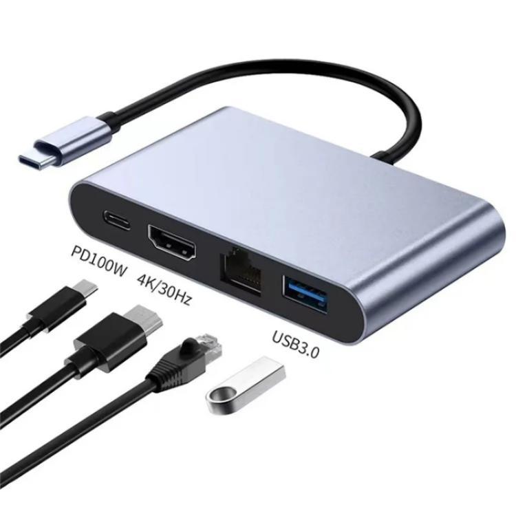 Adattatore Type-C HUB con RJ45, USB 3.0 e uscita 4K HD