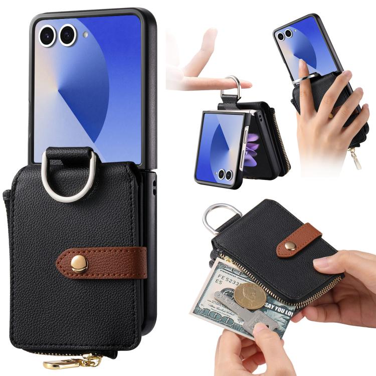 Portafoglio con cerniera verticale e anello con texture litchi, custodia per telefono, For Galaxy Z Flip8 5G, For Galaxy Z Flip7 5G