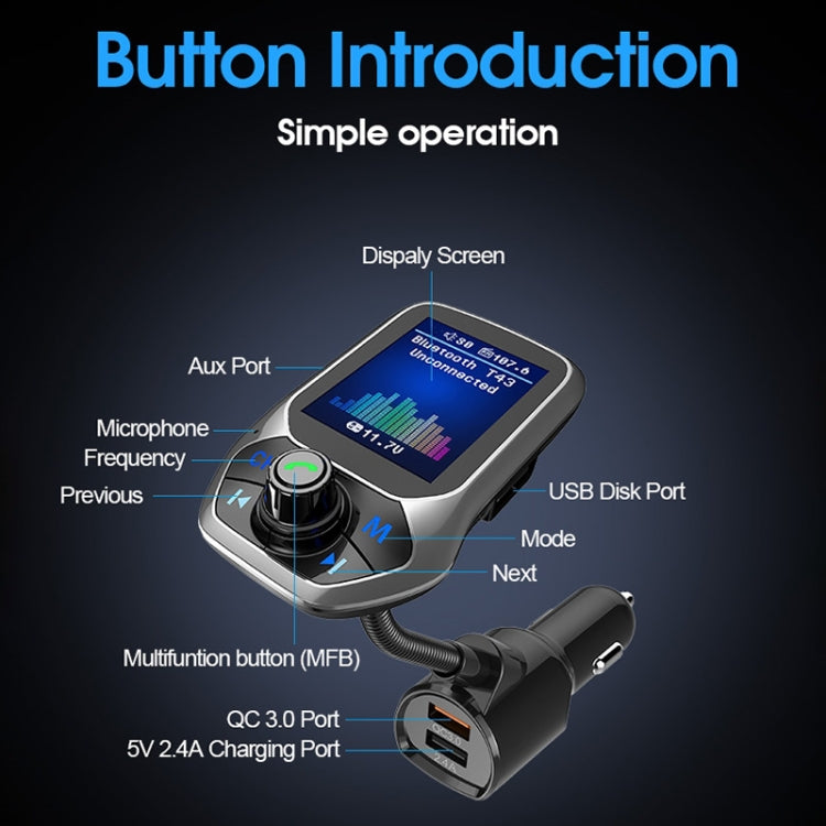 T43 Car Bluetooth Mp3 Schermo a colori multifunzione di grandi dimensioni QC3.0 Lettore Bluetooth per auto senza perdita di carica per auto Bluetooth, T43