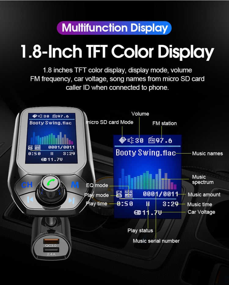 T43 Car Bluetooth Mp3 Schermo a colori multifunzione di grandi dimensioni QC3.0 Lettore Bluetooth per auto senza perdita di carica per auto Bluetooth, T43
