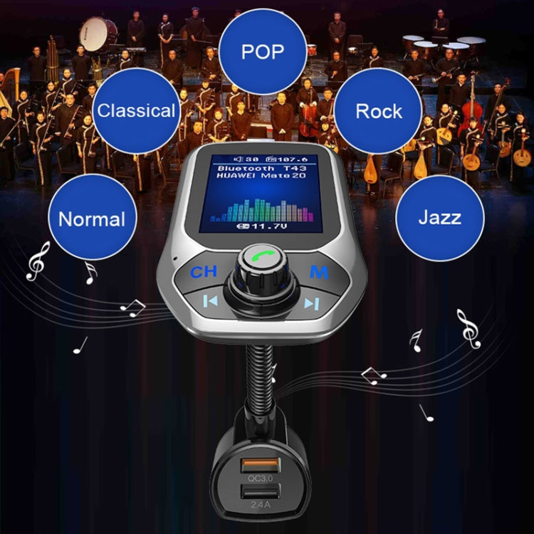 T43 Car Bluetooth Mp3 Schermo a colori multifunzione di grandi dimensioni QC3.0 Lettore Bluetooth per auto senza perdita di carica per auto Bluetooth, T43