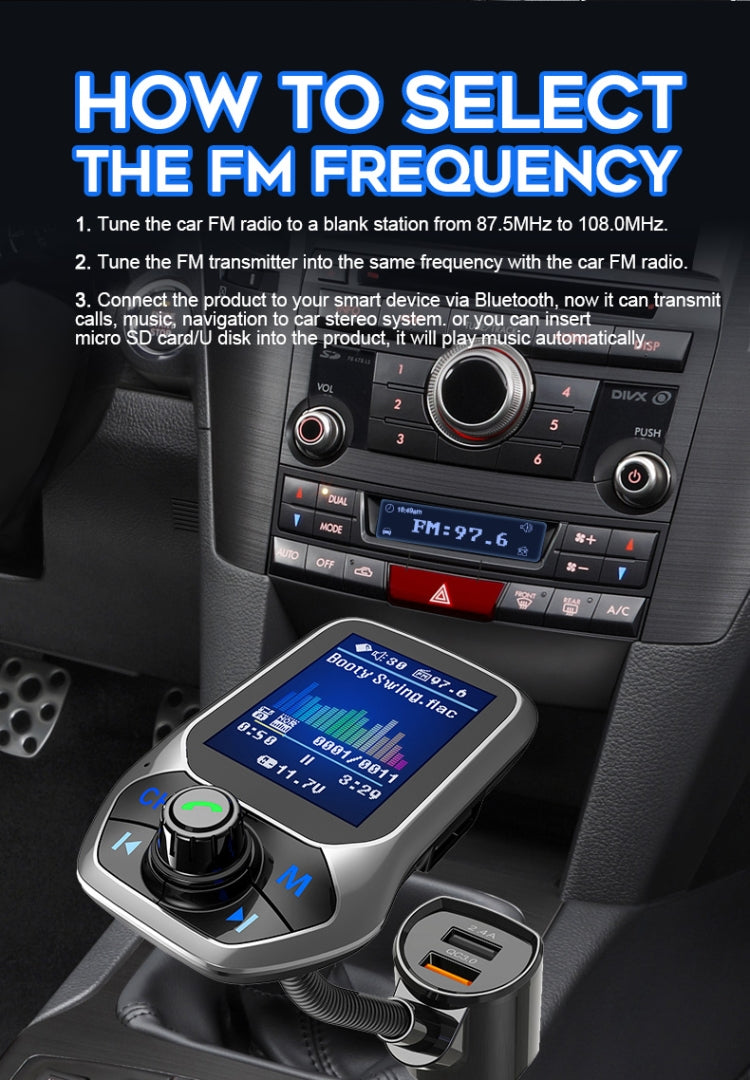 T43 Car Bluetooth Mp3 Schermo a colori multifunzione di grandi dimensioni QC3.0 Lettore Bluetooth per auto senza perdita di carica per auto Bluetooth, T43