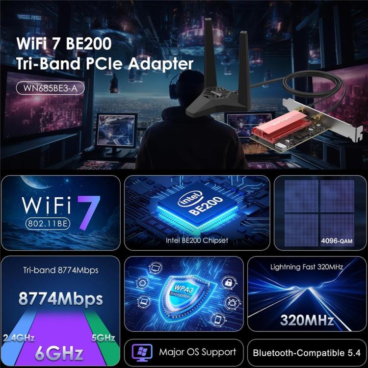 WAVLINK WN685BE3-A Tri-Band BE200 Wireless Adapter Desktop PC WiFi 7 BE8800 Pcie Card