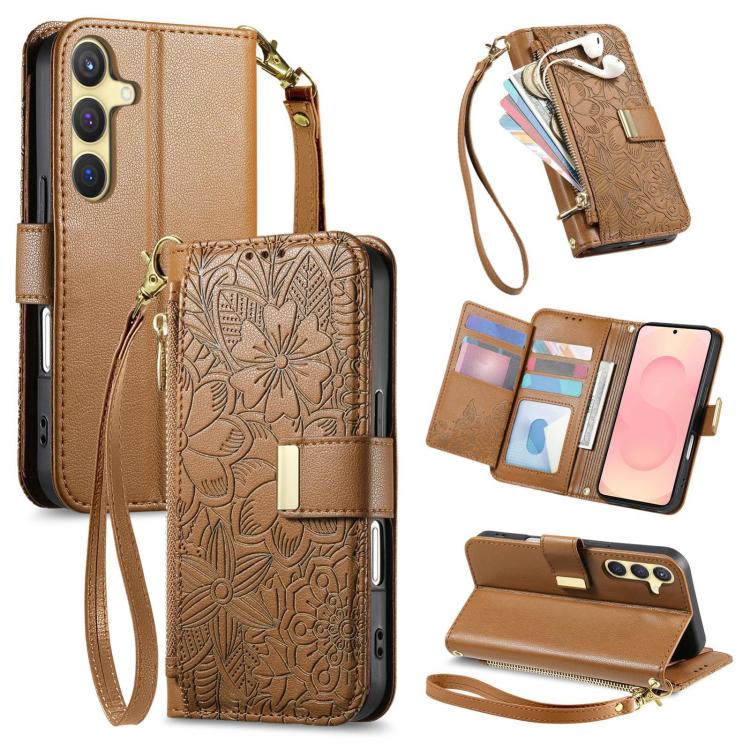 Portafoglio in pelle con cerniera e cinturino, motivo fiori e foglie, con cinturino., For Samsung Galaxy A56 5G, For Samsung Galaxy A36 5G, For Samsung Galaxy S25 5G, For Samsung Galaxy S25+ 5G
