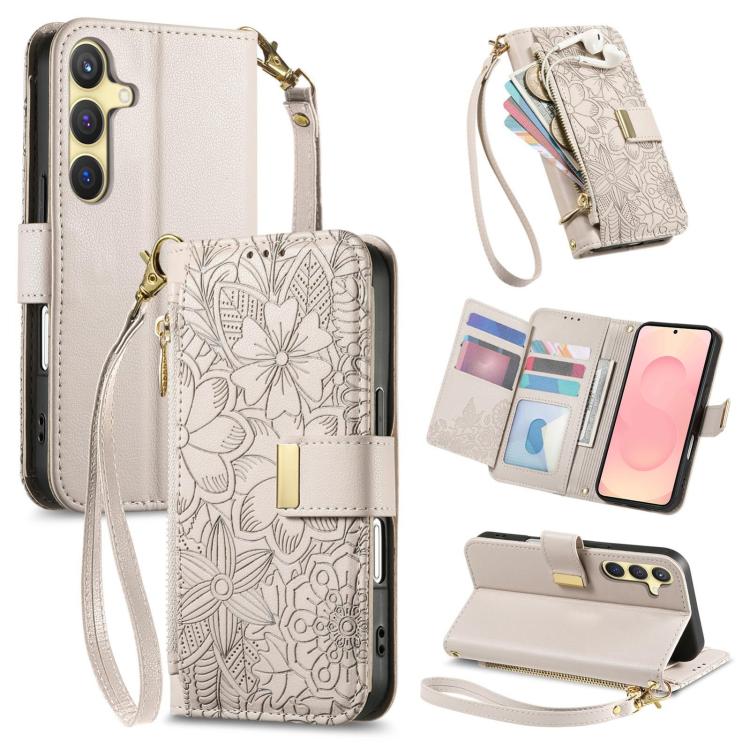 Portafoglio in pelle con cerniera e cinturino, motivo fiori e foglie, con cinturino., For Samsung Galaxy A56 5G, For Samsung Galaxy A36 5G, For Samsung Galaxy S25 5G, For Samsung Galaxy S25+ 5G