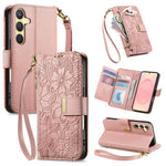 Portafoglio in pelle con cerniera e cinturino, motivo fiori e foglie, con cinturino., For Samsung Galaxy A56 5G, For Samsung Galaxy A36 5G, For Samsung Galaxy S25 5G, For Samsung Galaxy S25+ 5G