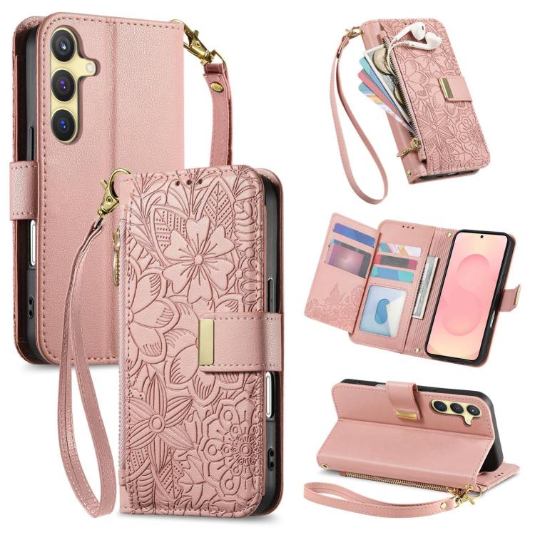 Portafoglio in pelle con cerniera e cinturino, motivo fiori e foglie, con cinturino., For Samsung Galaxy A56 5G, For Samsung Galaxy A36 5G, For Samsung Galaxy S25 5G, For Samsung Galaxy S25+ 5G