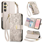 Portafoglio in pelle con cerniera e cinturino, motivo fiori e foglie, con cinturino., For Samsung Galaxy A56 5G, For Samsung Galaxy A36 5G, For Samsung Galaxy S25 5G, For Samsung Galaxy S25+ 5G