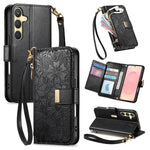 Portafoglio in pelle con cerniera e cinturino, motivo fiori e foglie, con cinturino., For Samsung Galaxy A56 5G, For Samsung Galaxy A36 5G, For Samsung Galaxy S25 5G, For Samsung Galaxy S25+ 5G