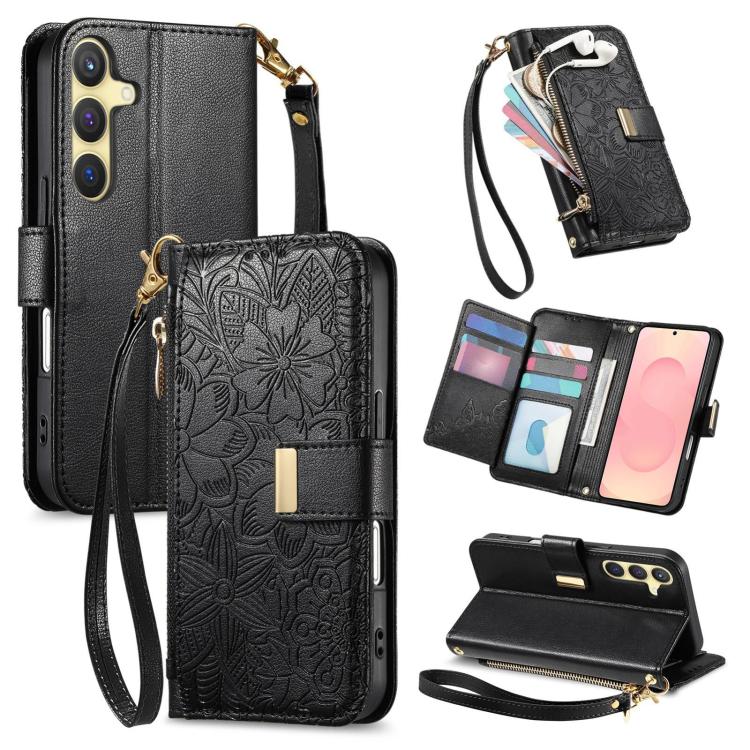 Portafoglio in pelle con cerniera e cinturino, motivo fiori e foglie, con cinturino., For Samsung Galaxy A56 5G, For Samsung Galaxy A36 5G, For Samsung Galaxy S25 5G, For Samsung Galaxy S25+ 5G