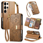 Portafoglio in pelle con cerniera e cinturino, motivo fiori e foglie, con cinturino., For Samsung Galaxy S25 Ultra 5G, For Samsung Galaxy S24 FE 5G, For Samsung Galaxy M15 5G, For Samsung Galaxy A55 5G