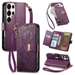 Portafoglio in pelle con cerniera e cinturino, motivo fiori e foglie, con cinturino., For Samsung Galaxy S25 Ultra 5G, For Samsung Galaxy S24 FE 5G, For Samsung Galaxy M15 5G, For Samsung Galaxy A55 5G