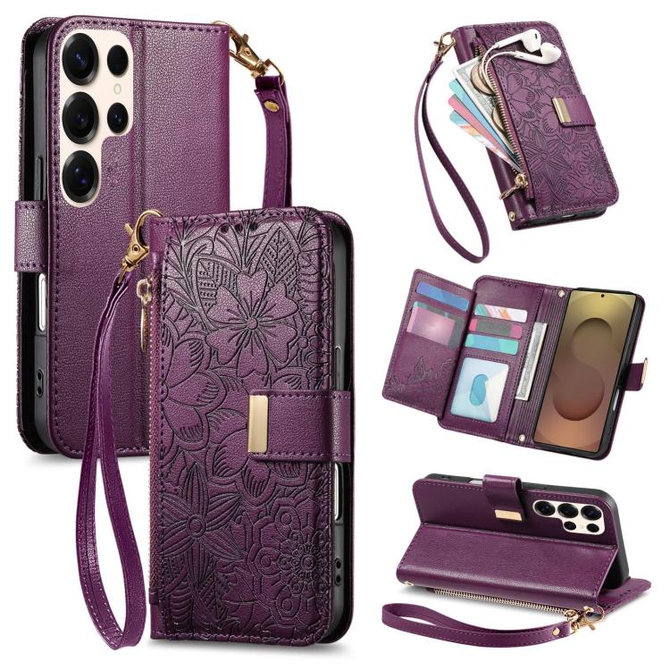 Portafoglio in pelle con cerniera e cinturino, motivo fiori e foglie, con cinturino., For Samsung Galaxy S25 Ultra 5G, For Samsung Galaxy S24 FE 5G, For Samsung Galaxy M15 5G, For Samsung Galaxy A55 5G