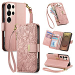 Portafoglio in pelle con cerniera e cinturino, motivo fiori e foglie, con cinturino., For Samsung Galaxy S25 Ultra 5G, For Samsung Galaxy S24 FE 5G, For Samsung Galaxy M15 5G, For Samsung Galaxy A55 5G