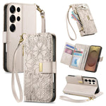Portafoglio in pelle con cerniera e cinturino, motivo fiori e foglie, con cinturino., For Samsung Galaxy S25 Ultra 5G, For Samsung Galaxy S24 FE 5G, For Samsung Galaxy M15 5G, For Samsung Galaxy A55 5G