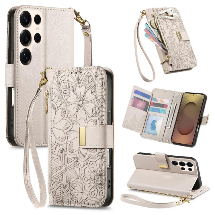 Portafoglio in pelle con cerniera e cinturino, motivo fiori e foglie, con cinturino., For Samsung Galaxy S25 Ultra 5G, For Samsung Galaxy S24 FE 5G, For Samsung Galaxy M15 5G, For Samsung Galaxy A55 5G