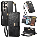 Portafoglio in pelle con cerniera e cinturino, motivo fiori e foglie, con cinturino., For Samsung Galaxy S25 Ultra 5G, For Samsung Galaxy S24 FE 5G, For Samsung Galaxy M15 5G, For Samsung Galaxy A55 5G