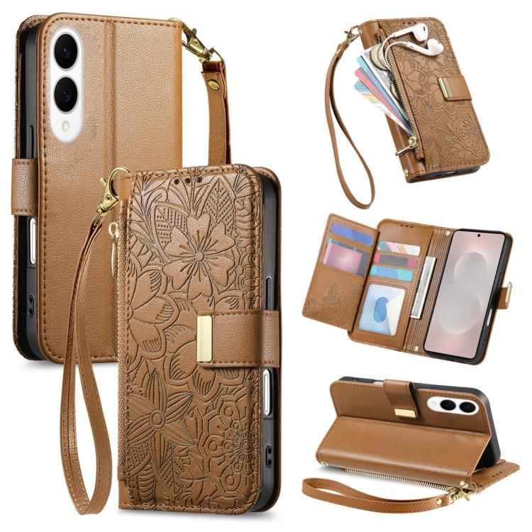 Portafoglio in pelle con cerniera e cinturino, motivo fiori e foglie, con cinturino., For Samsung Galaxy A07 4G, For Samsung Galaxy A17 5G, For Samsung Galaxy M56 5G, For Samsung Galaxy S25 Edge 5G