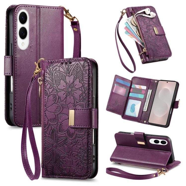 Portafoglio in pelle con cerniera e cinturino, motivo fiori e foglie, con cinturino., For Samsung Galaxy A07 4G, For Samsung Galaxy A17 5G, For Samsung Galaxy M56 5G, For Samsung Galaxy S25 Edge 5G