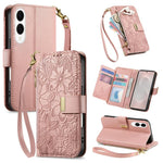 Portafoglio in pelle con cerniera e cinturino, motivo fiori e foglie, con cinturino., For Samsung Galaxy A07 4G, For Samsung Galaxy A17 5G, For Samsung Galaxy M56 5G, For Samsung Galaxy S25 Edge 5G