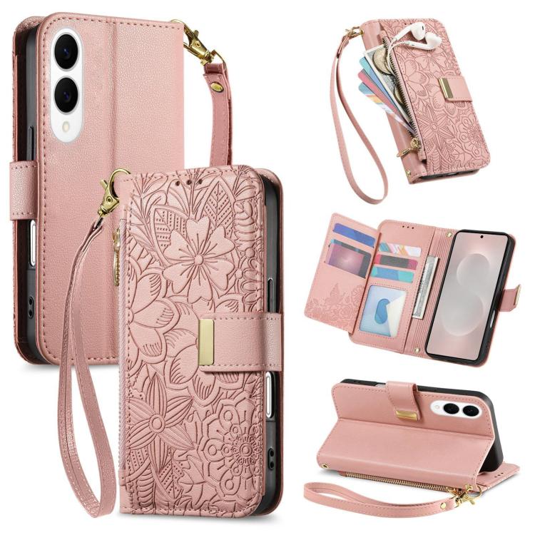 Portafoglio in pelle con cerniera e cinturino, motivo fiori e foglie, con cinturino., For Samsung Galaxy A07 4G, For Samsung Galaxy A17 5G, For Samsung Galaxy M56 5G, For Samsung Galaxy S25 Edge 5G