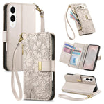 Portafoglio in pelle con cerniera e cinturino, motivo fiori e foglie, con cinturino., For Samsung Galaxy A07 4G, For Samsung Galaxy A17 5G, For Samsung Galaxy M56 5G, For Samsung Galaxy S25 Edge 5G