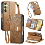 Portafoglio in pelle con cerniera e cinturino, motivo fiori e foglie, con cinturino., For Samsung Galaxy A35 5G, For Samsung Galaxy S24 Ultra 5G, For Samsung Galaxy S24+ 5G, For Samsung Galaxy S24 5G
