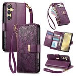 Portafoglio in pelle con cerniera e cinturino, motivo fiori e foglie, con cinturino., For Samsung Galaxy A35 5G, For Samsung Galaxy S24 Ultra 5G, For Samsung Galaxy S24+ 5G, For Samsung Galaxy S24 5G