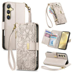 Portafoglio in pelle con cerniera e cinturino, motivo fiori e foglie, con cinturino., For Samsung Galaxy A35 5G, For Samsung Galaxy S24 Ultra 5G, For Samsung Galaxy S24+ 5G, For Samsung Galaxy S24 5G