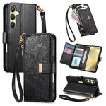 Portafoglio in pelle con cerniera e cinturino, motivo fiori e foglie, con cinturino., For Samsung Galaxy A35 5G, For Samsung Galaxy S24 Ultra 5G, For Samsung Galaxy S24+ 5G, For Samsung Galaxy S24 5G