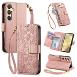 Portafoglio in pelle con cerniera e cinturino, motivo fiori e foglie, con cinturino., For Samsung Galaxy A35 5G, For Samsung Galaxy S24 Ultra 5G, For Samsung Galaxy S24+ 5G, For Samsung Galaxy S24 5G