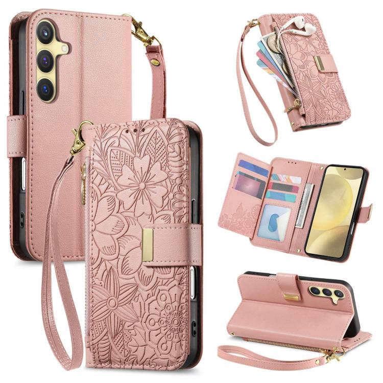 Portafoglio in pelle con cerniera e cinturino, motivo fiori e foglie, con cinturino., For Samsung Galaxy A35 5G, For Samsung Galaxy S24 Ultra 5G, For Samsung Galaxy S24+ 5G, For Samsung Galaxy S24 5G