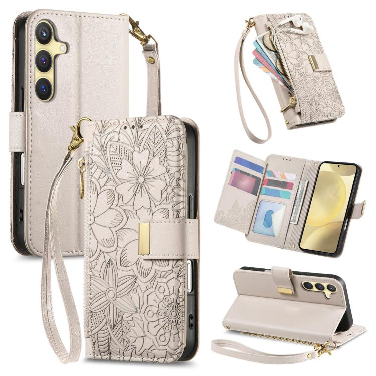 Portafoglio in pelle con cerniera e cinturino, motivo fiori e foglie, con cinturino., For Samsung Galaxy A35 5G, For Samsung Galaxy S24 Ultra 5G, For Samsung Galaxy S24+ 5G, For Samsung Galaxy S24 5G