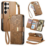 Portafoglio in pelle con cerniera e cinturino, motivo fiori e foglie, con cinturino., For Samsung Galaxy A35 5G, For Samsung Galaxy S24 Ultra 5G, For Samsung Galaxy S24+ 5G, For Samsung Galaxy S24 5G