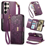 Portafoglio in pelle con cerniera e cinturino, motivo fiori e foglie, con cinturino., For Samsung Galaxy A35 5G, For Samsung Galaxy S24 Ultra 5G, For Samsung Galaxy S24+ 5G, For Samsung Galaxy S24 5G