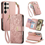 Portafoglio in pelle con cerniera e cinturino, motivo fiori e foglie, con cinturino., For Samsung Galaxy A35 5G, For Samsung Galaxy S24 Ultra 5G, For Samsung Galaxy S24+ 5G, For Samsung Galaxy S24 5G