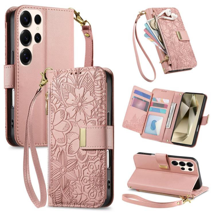 Portafoglio in pelle con cerniera e cinturino, motivo fiori e foglie, con cinturino., For Samsung Galaxy A35 5G, For Samsung Galaxy S24 Ultra 5G, For Samsung Galaxy S24+ 5G, For Samsung Galaxy S24 5G