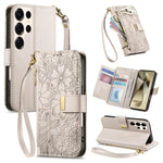 Portafoglio in pelle con cerniera e cinturino, motivo fiori e foglie, con cinturino., For Samsung Galaxy A35 5G, For Samsung Galaxy S24 Ultra 5G, For Samsung Galaxy S24+ 5G, For Samsung Galaxy S24 5G